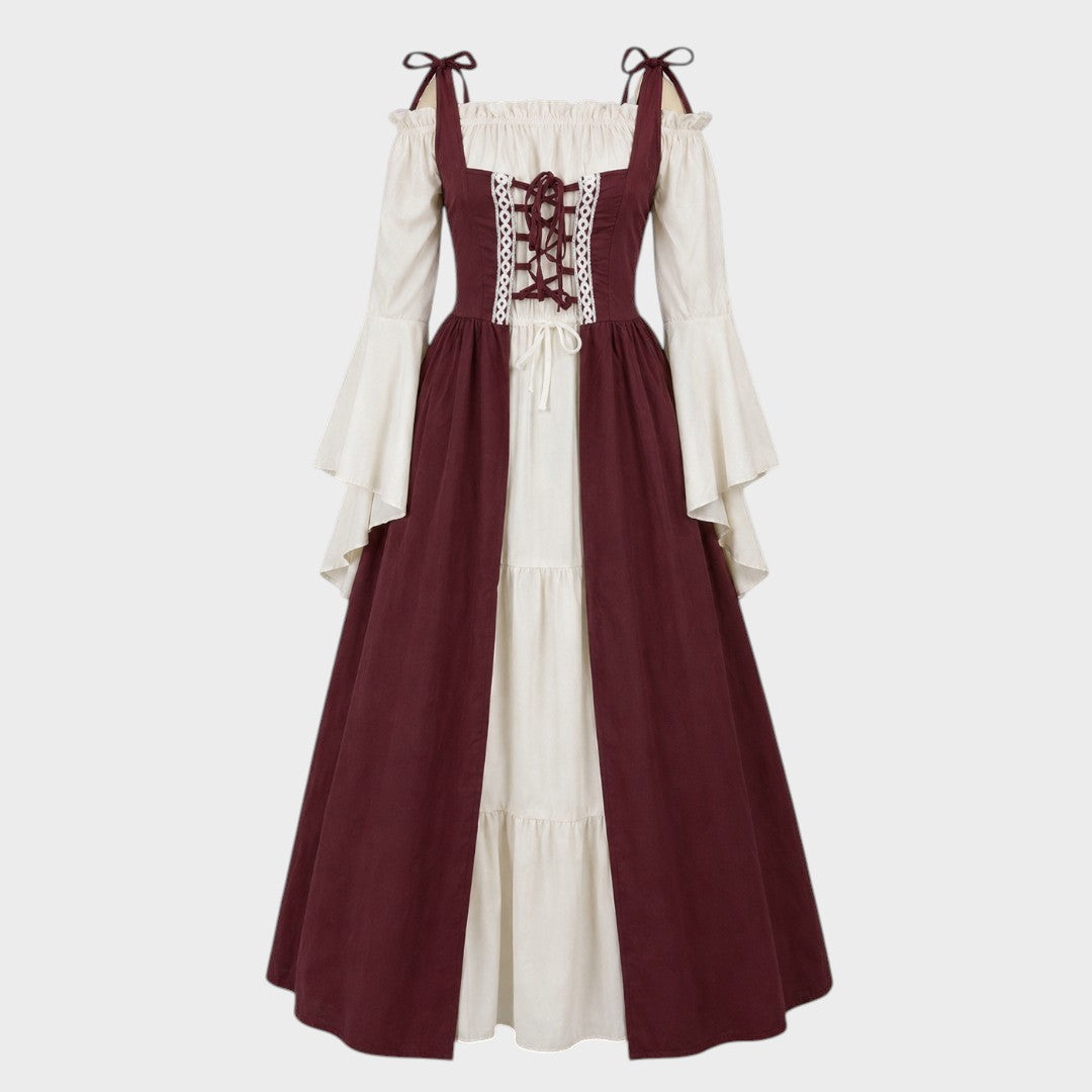 Vestido medieval Lars Hamburg em bordô e bege com mangas compridas, decote franzido e detalhe de atacadores frontais.