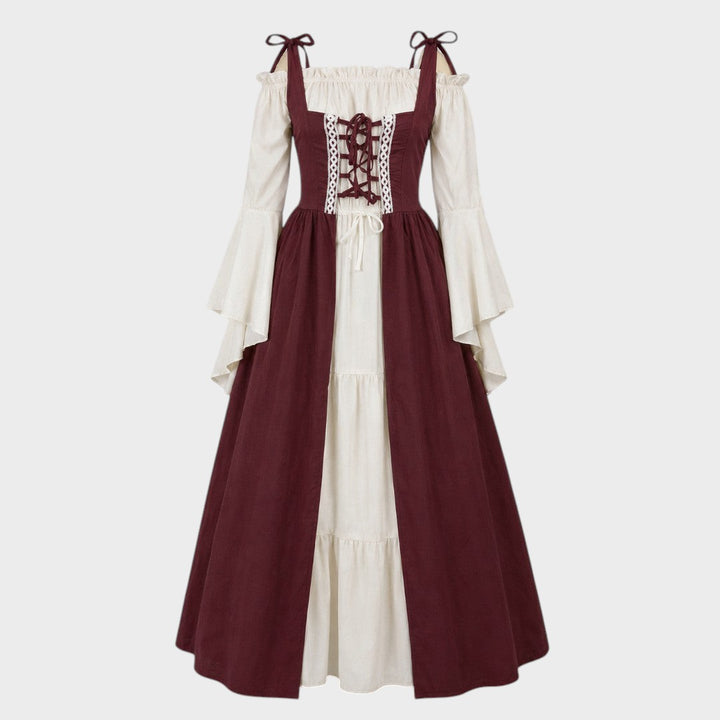 Vestido medieval Lars Hamburg em bordô e bege com mangas compridas, decote franzido e detalhe de atacadores frontais.