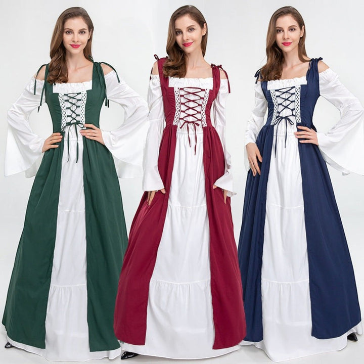 Vestido de conto de fadas Lars Hamburg com mangas largas, corpete com atacadores e sobreposição em verde, bordô e azul.