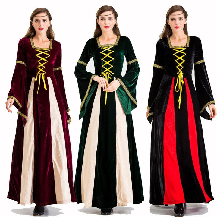 Vestido medieval de veludo Lars Hamburg com atacadores decorativos e mangas largas em três variantes de cor