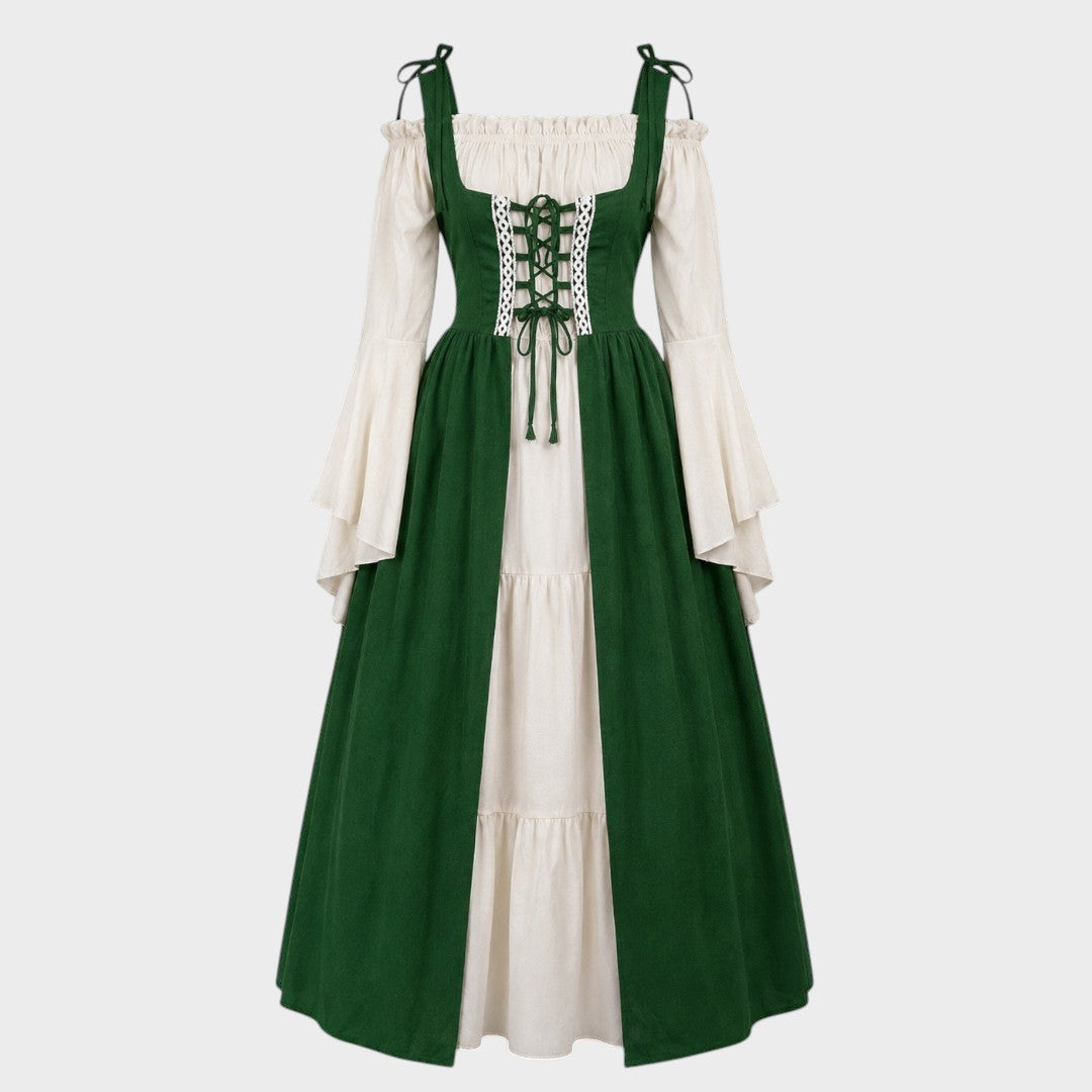 Vestido medieval Lars Hamburg verde e bege com mangas compridas, decote franzido e detalhe de atacadores frontais