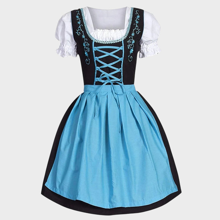 Vestido tradicional bávaro Lars Hamburg para Oktoberfest, preto com avental azul, mangas bufantes e bordados.