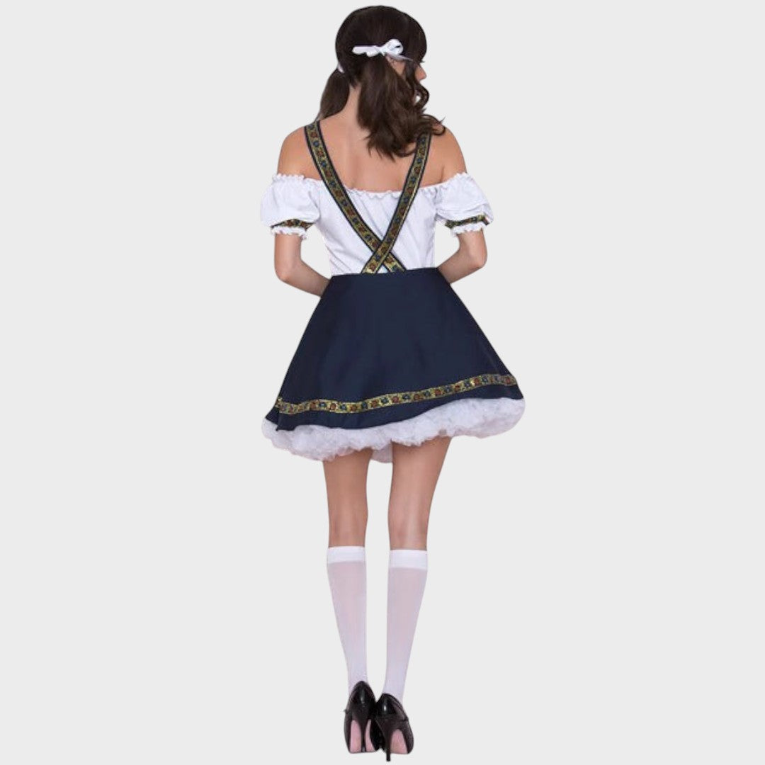 Vista traseira do vestido tradicional Trachtenkleid da Lars Hamburg, azul e branco com bordados e saia rodada.