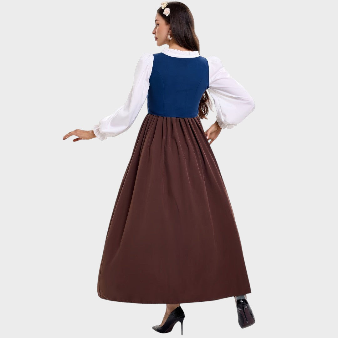 Vista traseira do vestido tradicional Lars Hamburg Ursel com corpete azul, mangas brancas e saia longa castanha