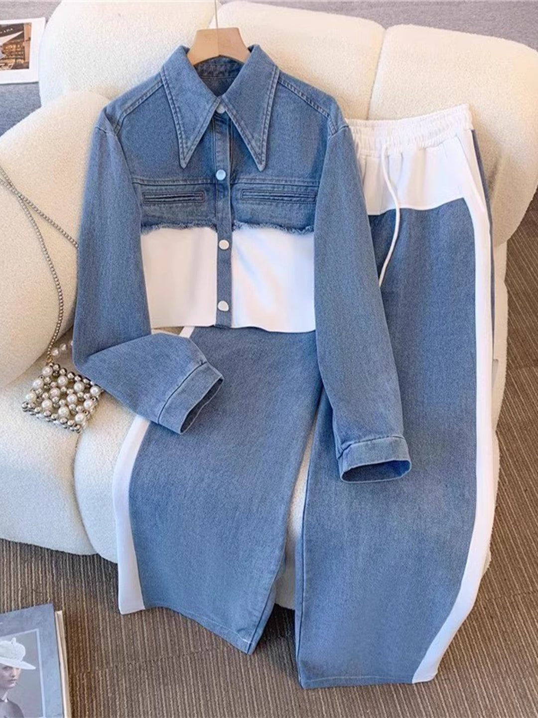 Holbrook™ | Color-Block Cropped Jacke & Weitbeinige Hose Set