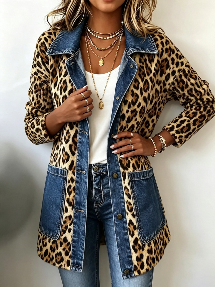 Fablenne™ | Leopardenmuster Denim Panel Kontrast Langjacke