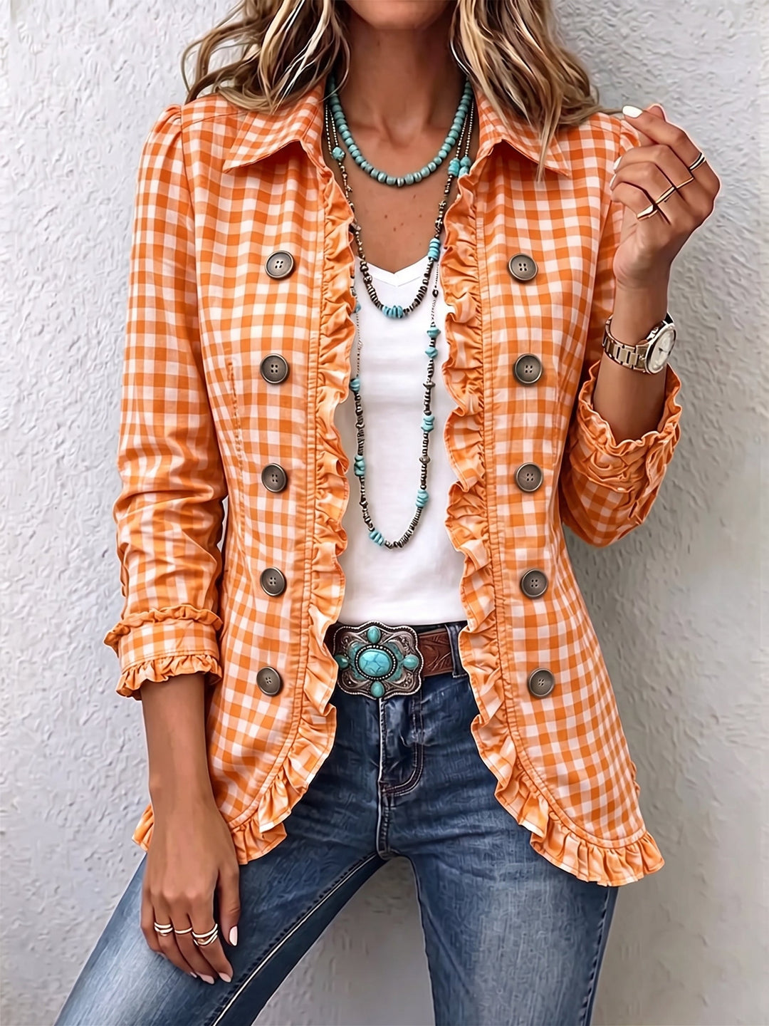 Charlene™ | Karo Rüschenshirt-Jacke