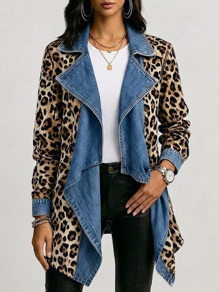 Sherilyn™ | Leopardenmuster & gewaschene Denim-Paneel-Mantel in mittlerer Länge
