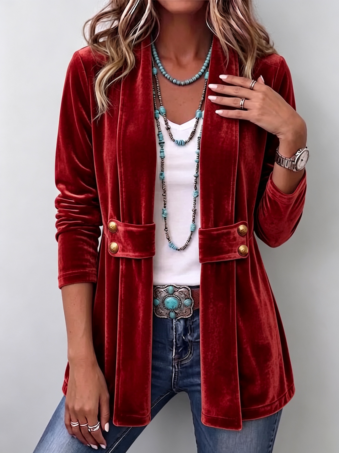 Holliwell™ | Vintage Reversknopf-Akzent Langarm Offene Front Jacke