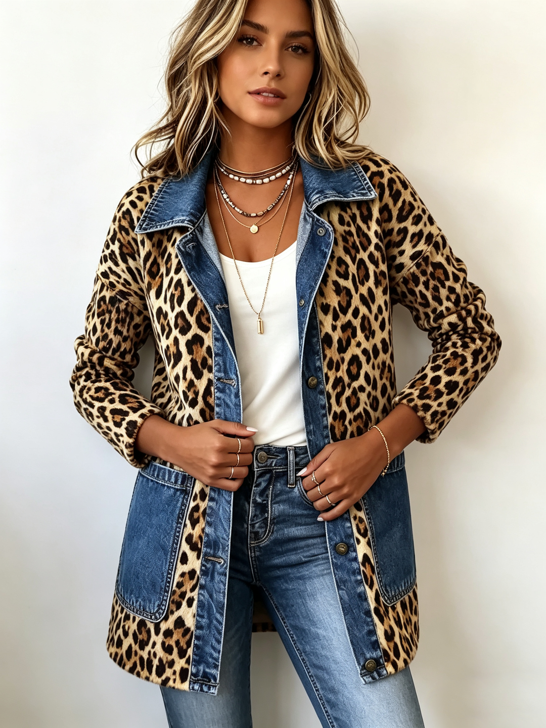 Fablenne™ | Leopardenmuster Denim Panel Kontrast Langjacke
