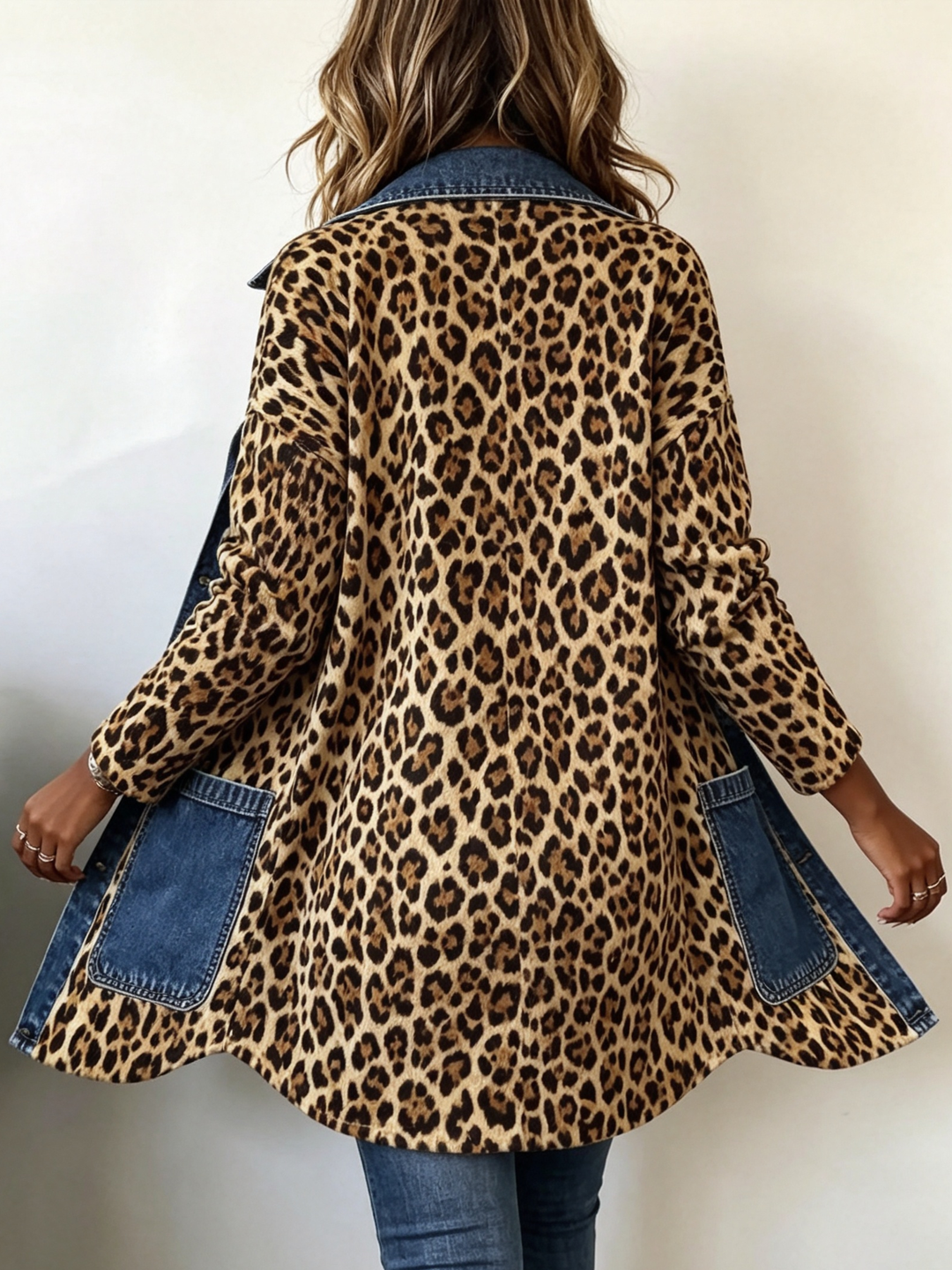 Fablenne™ | Leopardenmuster Denim Panel Kontrast Langjacke