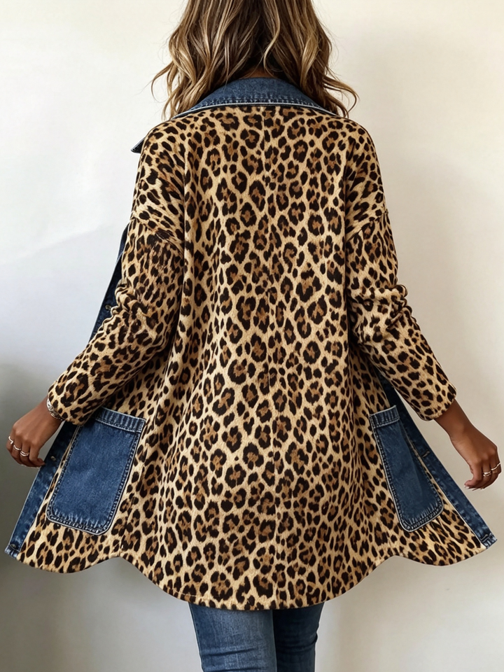 Fablenne™ | Leopardenmuster Denim Panel Kontrast Langjacke