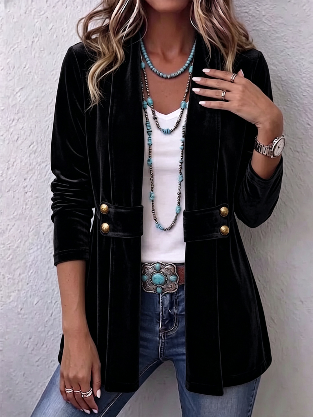 Holliwell™ | Vintage Reversknopf-Akzent Langarm Offene Front Jacke