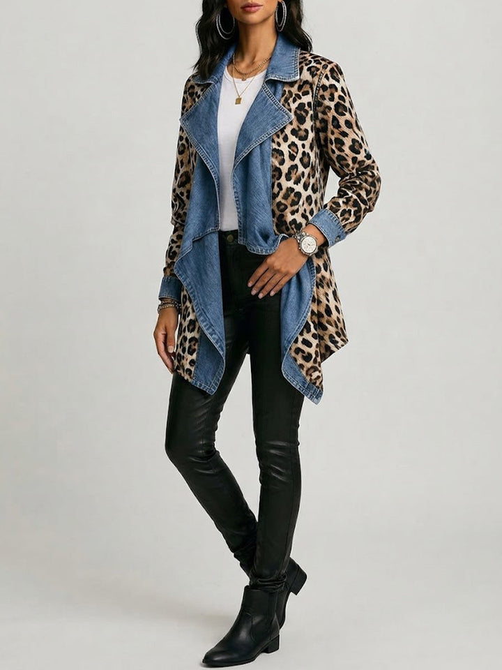 Sherilyn™ | Leopardenmuster & gewaschene Denim-Paneel-Mantel in mittlerer Länge