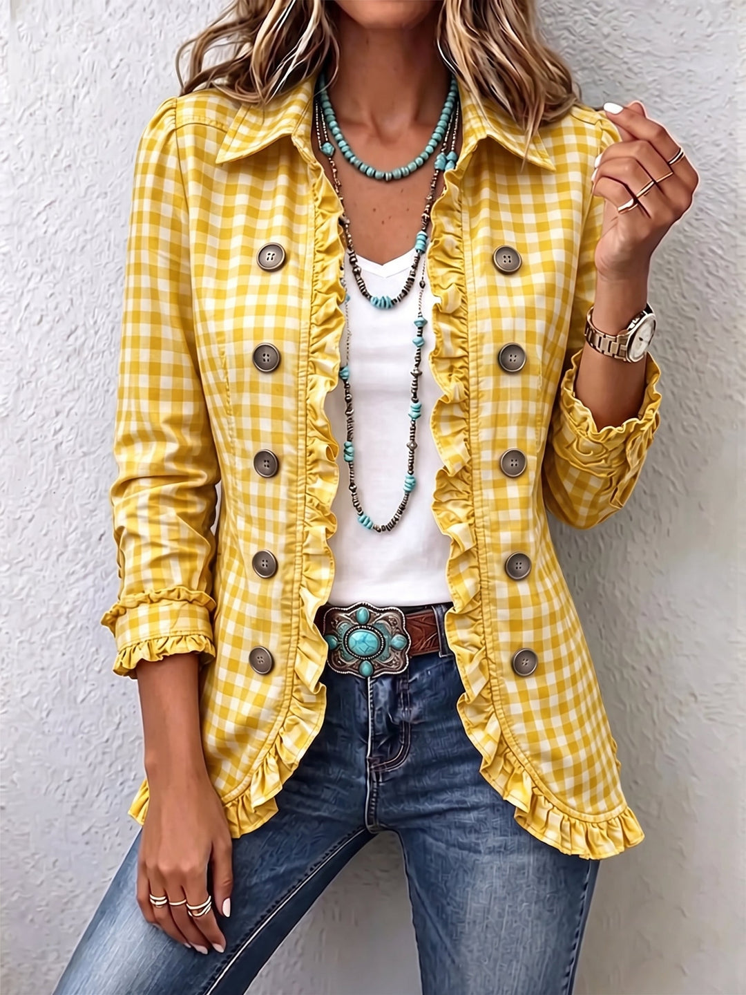 Charlene™ | Karo Rüschenshirt-Jacke