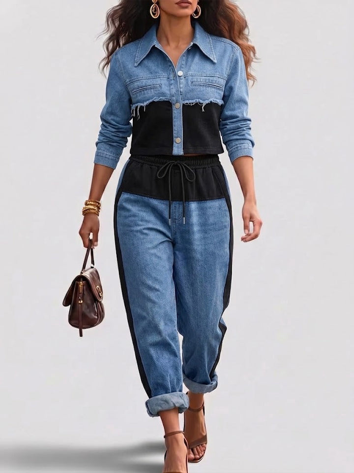 Holbrook™ | Color-Block Cropped Jacke & Weitbeinige Hose Set