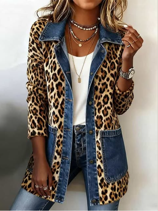 Fablenne™ | Leopardenmuster Denim Panel Kontrast Langjacke