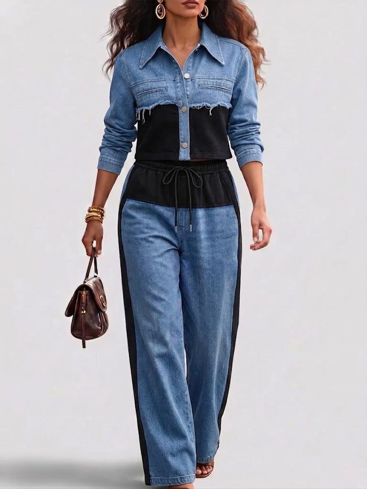 Holbrook™ | Color-Block Cropped Jacke & Weitbeinige Hose Set