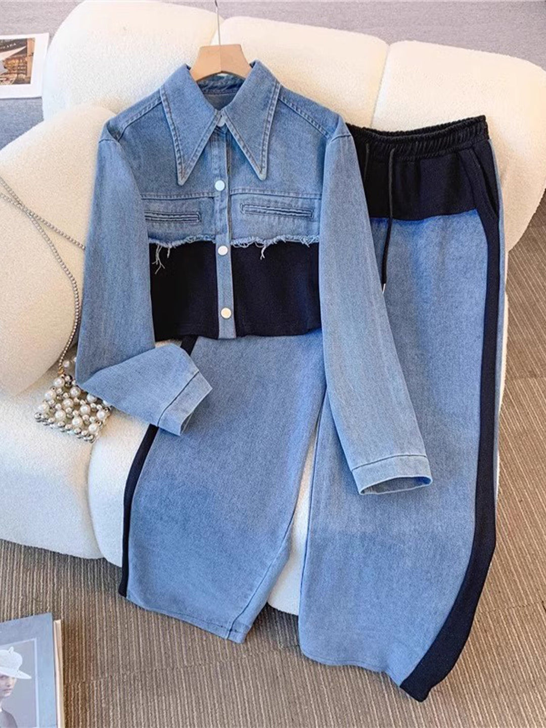 Holbrook™ | Color-Block Cropped Jacke & Weitbeinige Hose Set